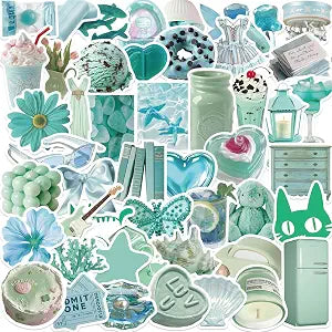 50 Pcs Teal Y2K Aesthetic Stickers for Scrapbooking, Journaling, Laptop  Cute Mint Green and Pastel Blue Vinyl Sticker Pack for Teens, Girls, Water Bottles, Notebooks, Art Crafts and Gifts