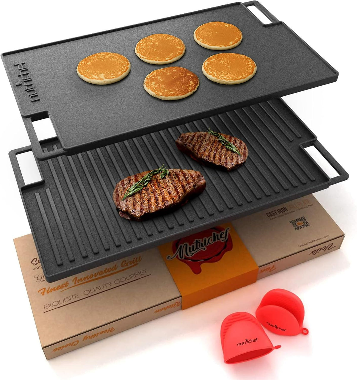 NutriChef Cast Iron Reversible Griddle 18x10 Inch - Pre-Seasoned Flat Top & Ridged Grill Side, Stove Top Griddle for Gas Grill, Outdoor & Indoor Cooking