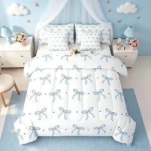 Feelyou Blue Bowknot Comforter Set with Sheets 7 Piece Queen Size for Girls
