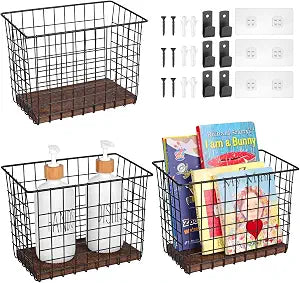Wall Hanging Baskets, 3 Wooden Wire Bins with Hooks & Adhesive Mount(Large)