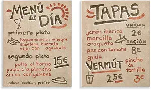 Travel Tapas Menu Kitchen, 11 x 14 Inch Mounted Print on Wall Plaque Set