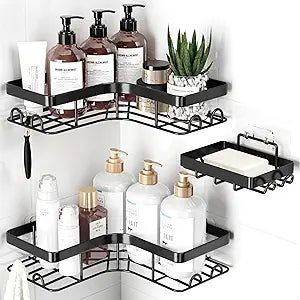 Sakugi Corner Shower Caddy, Large, 3-Pack, Soap Holder & Hooks, Black