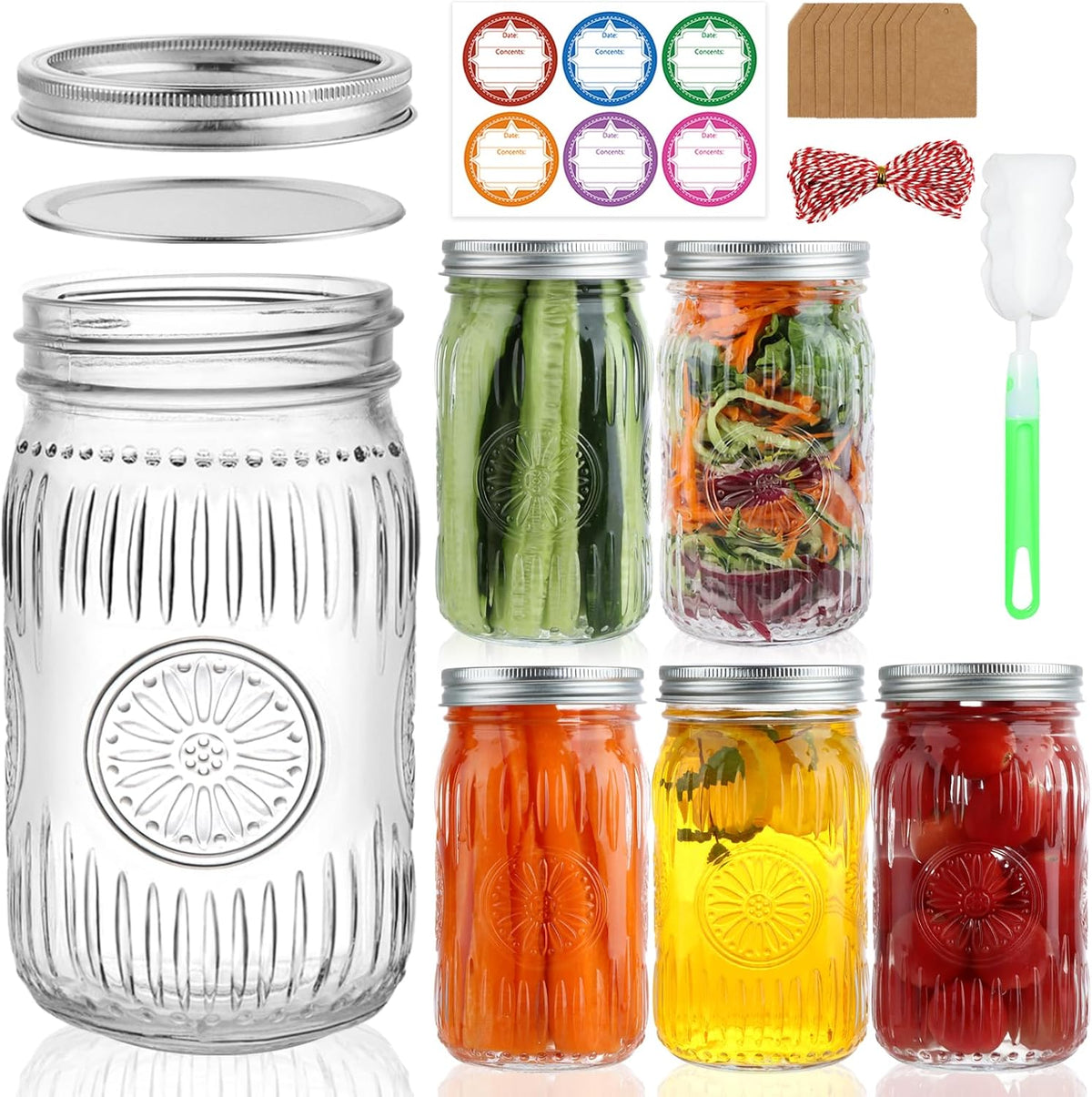 32oz Wide Mouth Mason Jars with Lids & Bands, 6 Pack Quart Jars