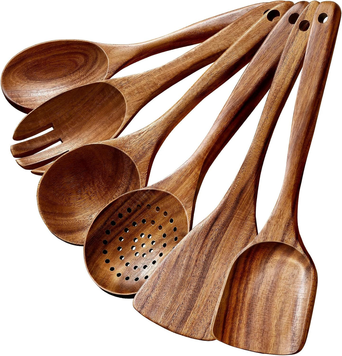 6-Piece Natural Teak Wooden Utensils Set, Wooden Spoons Set for Cooking - Heat Resistant, Natural Healthy Spatula Set with Hanging Holes - Durable, Scratch-Free & Handcrafted