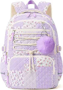 WOBAGMEN Backpack for Women,Cute Quilted Backpack with Multi-Pocket, Lightweight Anti Theft Bookbag Fits 15.6" Laptop (Light Purple Patchwork, M)