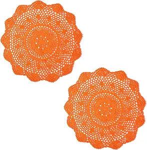 2 Pieces 15 Inch Halloween Doily Handmade Crochet for Dressers and End Tables Crafts Disposable Medium Doilies Cloth Lace Placemats Coasters Orange Cotton Round Vintage Tablecloth