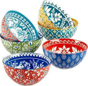 Panache 4.75" All Purpose 13 oz. Porcelain Bowls, Set of 6  Vibrant Mix & Match Global-Inspired Designs  Dishwasher & Microwave Safe for Snacks, Sides, Dips, Condiments, and Desserts
