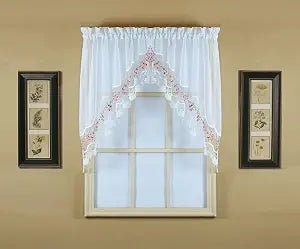 Today's Curtain, Vintage Macram Organza Swag 38", White/Rose, 58" W x 38" L