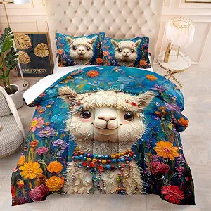 DYcolor 3D Bohemian Floral Llama Comforter Set 3pc Hand-Painted Lightweight