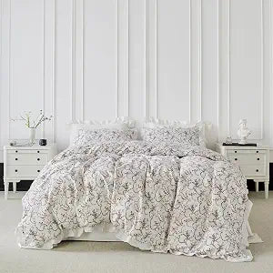 YuHeGuoJi White Ruffle Floral Duvet Cover Queen 100% Cotton 3 Pcs Set