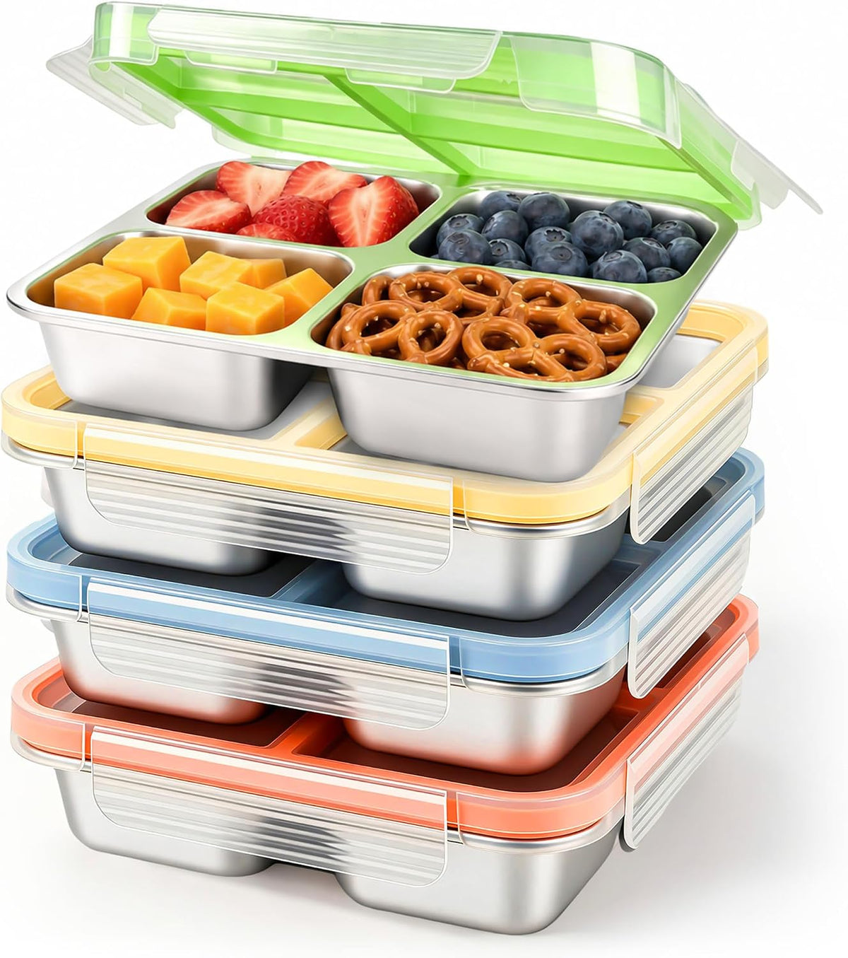 24 oz Stainless Steel Snack Containers, 4-Compartment, 4 Pack