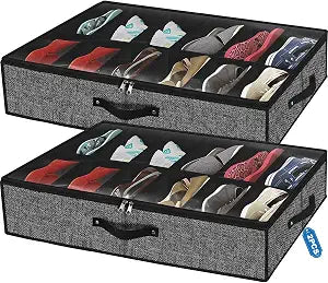 homyfort Under Bed Shoe Storage Organizer for Closet Fits 24 Pairs-Sturdy Underbed Shoe Storage Box Bins,Set of 2 (Linen-like Black)