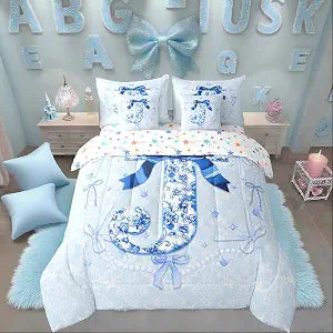 Erosebridal 7Pcs Cute Blue Bow Bedding Full Preppy Bows Comforter Set