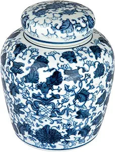 Creative Co-Op Small Decorative Ceramic Ginger Jar with Lid, Blue and White Floral Pattern