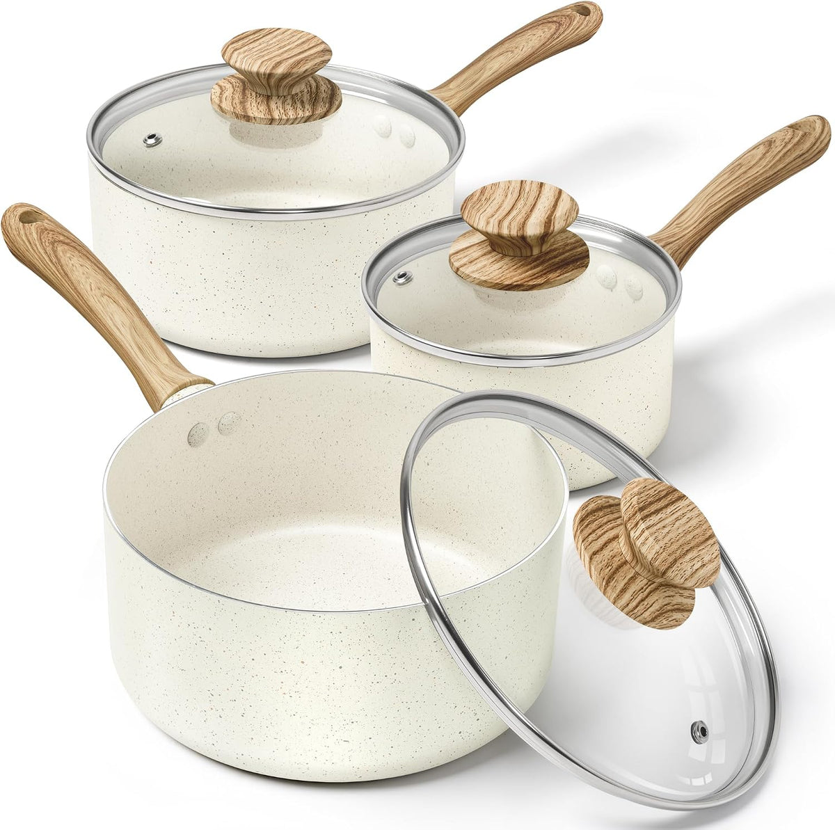MICHELANGELO Saucepan Set with Lid, Nonstick Sauce Pan Sets with Granite Coatings, Non-Toxic Sauce Pot Sets of 3, Induction Compatible, 1Qt, 2Qt & 3Qt, White