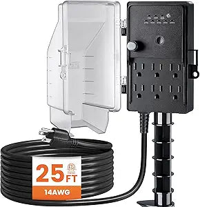 SURAIELEC Outdoor Power Stake Waterproof Dusk to Dawn Light Timer, 25FT