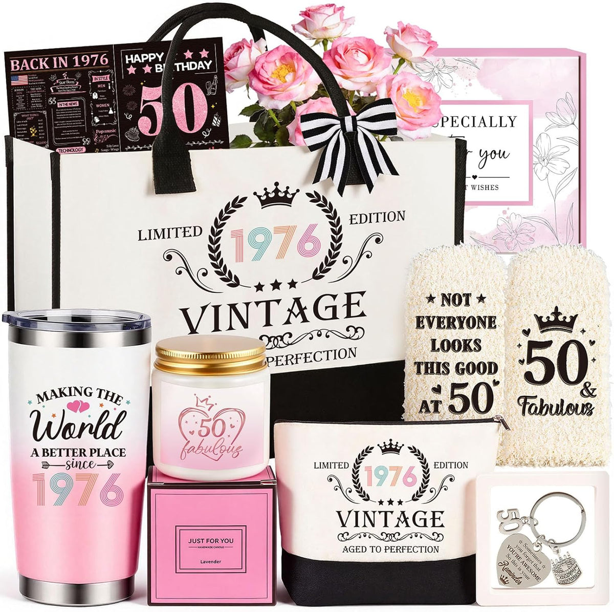 50th Birthday Gifts for Her, Vintage 1976 Happy 50th Birthday Gifts Basket for Women Unique Gift Ideas for 50 Year Old Women Mom, Wife, Sister, Friend, Colleague Funny Bthday Gift Turning 50 Year Old