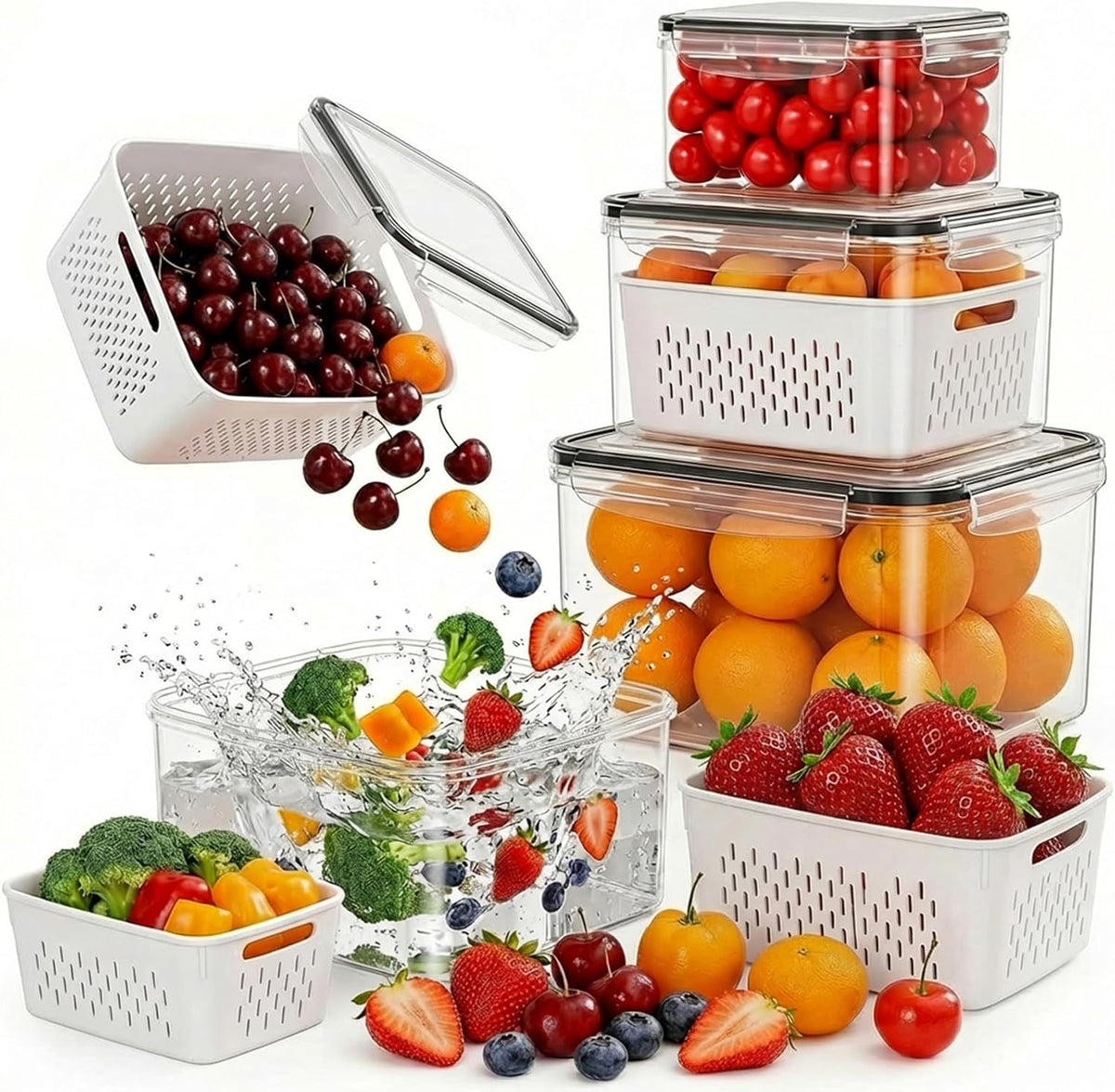 4 Pack Fruit Storage Containers for Fridge with Removable Colandersï¼Œ4 in 1 Produce Storage Containers with Lids, Leakproof Fridge Organizer Bins for Salad Berry Lettuce Vegetables Meat Keeper Fresh