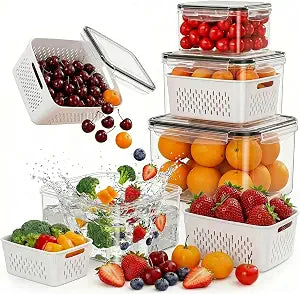 4 Pack Fruit Storage Containers for Fridge with Removable Colanders4 in 1 Produce Storage Containers with Lids, Leakproof Fridge Organizer Bins for Salad Berry Lettuce Vegetables Meat Keeper Fresh