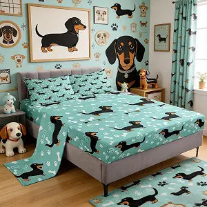 Homewish Cartoon Dachshund Bed Sheet Set Twin Size,Kids Bones Dog Paws Hand Sketch Sheet Set Room Decor,Cute Puppy Kawaii Pet Animal Bedding Set for Boys Teens,(1 Fitted+1 Flat+1 Pillowcase)
