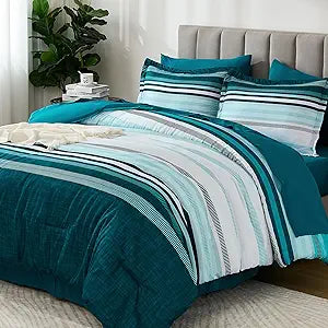 Dobuyly Teal Queen Comforter Set 7 Pieces, Blue Boho Striped Bed in a Bag Queen Size Soft Microfiber All Season Bedding Set with Comforter, Sheets, Pillowcases & Shams