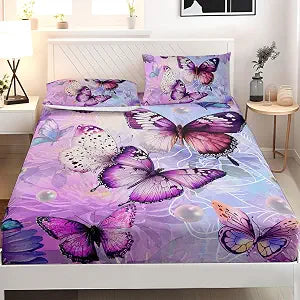 AILONEN Girls Flower Butterfly Fitted Sheet Set Twin XL Size,Purple Floral Kids Bedding Sheet Set,Soft Colorful Butterfly Fitted Sheet with 2 Pillowcases,3 Pieces