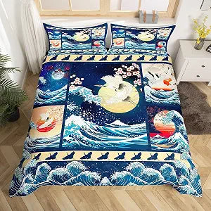 Feelyou Japanese Wave Duvet Cover Twin Size Kids Boys Girls
