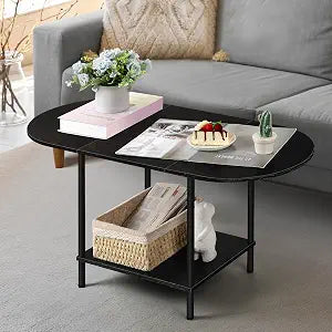 OYEAL Black Coffee Table for Living Room, 2-Tier Small Oval Center Table