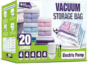HIBAG Vacuum Storage Bags with Electric Pump, Vacuum Seal Bags for Clothing, Pillows, Blanket Bedding Comforters, 20 pack