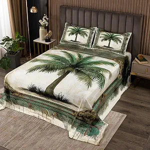 Coconut Tree Bedspread Queen Size,Green Palm Tree Bedding Set 3Pcs for Kids Teens Woman Men Room Decor,Tropical Plants Comforter Set Rustic Farmhouse Light Brown Quilt Coverlet,2 Pillowcases