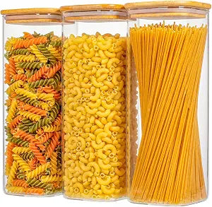 3-Pack 2.2Qt Square Glass Spaghetti Jars with Bamboo Lids