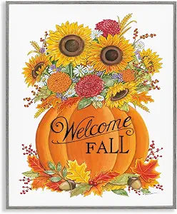 Welcome Fall Pumpkin Florals Farmhouse, 16 x 20 Inch Framed Gicle Print