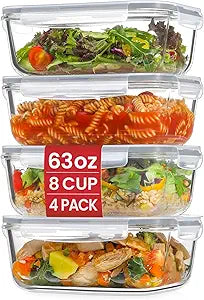 4 Pack 8 Cups/ 63oz Large Glass Storage Containers with Lids, Meal Prep Containers, Glass Food Storage with Airtight Lid for Baking, Leak Proof & Microwave, Oven Safe (4 Containers + 4 Lids)
