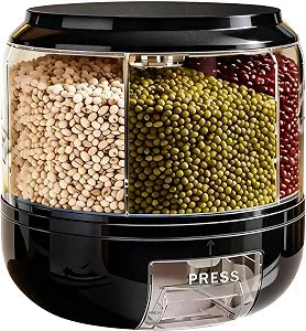 Rotating Grain Storage Bin 6 Grids Rice Container One-Click Output Large Capacity Food Dispenser For Rice Grains Sealed Moisture Proof Organizer (Black)