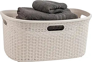 Mind Reader 40L Laundry Basket, Clothes Hamper, Premium Wicker Design, Plastic, Ivory