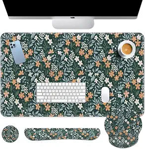 Britimes Keyboard Mouse Pad Set, 4 in 1 Desk Mat Set, Floral Green Vintage