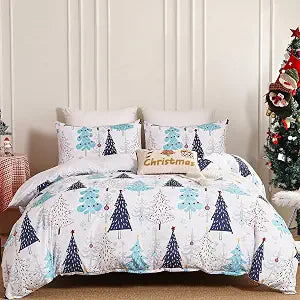 Dobuyly White Christmas Duvet Cover King, Blue Red Christmas Tree Pattern King Size Duvet Cover Set, Soft Microfiber Pine Christmas Bedding Set Includes 1 Duvet Cover and 2 Pillow Shams