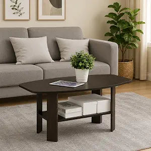 Furinno Simple 2-Tier Coffee Table, Black Center Table wih Open Shelf, Side Table Tabletop with Soft Edges, for Living Room, Home Office, Dark Mocha