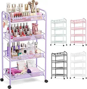 TOOLF 4 Tier Rolling Cart, Metal Utility Storage Cart with Wheels, Purple