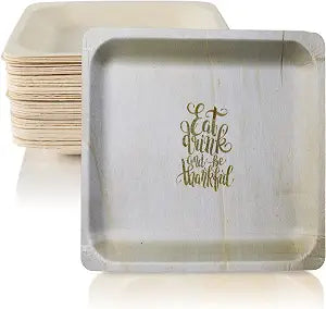 Perfect Stix - Perfectware 10-Eat,Drink,be Thankful-25 10" Disposable Wooden Plates with Thanksgiving Theme Print"Eat, Drink, and be Thankful" - Pack of 25ct