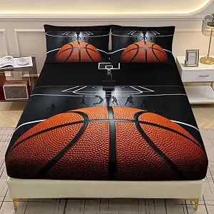AILONEN 3D Basketball Fitted Sheet Full Size, Sport Bedding Set for Boys Kids Teen, 3D Ball Sports Bedsheets, 1 Fitted Sheet 2 Pillowcases, 3 Pcs