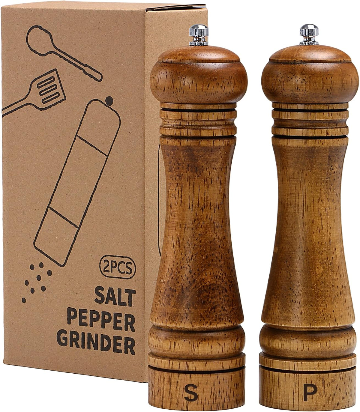 Wooden Salt and Pepper Grinder Set, Premium Oak Wood Salt Grinders Shakers, Manual Pepper Mill with S and P Engraving, Adjustable Ceramic Grinder for House Warming Cooking Gifts - 8 inches, 2 Pack