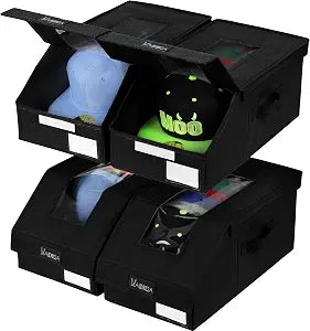 VAESIDA Hat Organizer for Baseball Caps, 4 Pack Hat Storage Box, Holds up to 56 Caps, Baseball Cap Organizer for Closet/Shelf, Hats Box Holder | Stackable, Foldable, Easy-Access, Clear Lid, Black