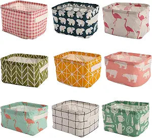 Lawei 9 Pack Mini Canvas Storage Bins - Collapsible Canvas Shelf Basket Nursery Organizer Box with Handles for Nursery Kids Bathroom Home Office