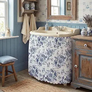 Blue Floral Under Sink Skirt for Bathroom Kitchen, 55''x32''