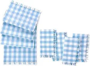 Knotted Gingham Table Runner and Napkin Set of 4, Blue - 13" W x 70" L