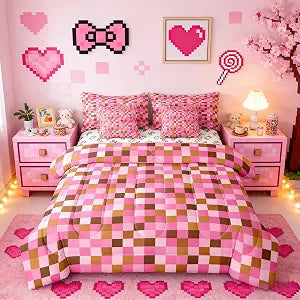 Manfei Pixel Grid Theme Comforter Set 7 Pcs,Cartoon Gamepad Kids Bed Set,Abstract Simple Comforter,Brown Pink Bedding Queen with Comforter,Fitted Sheet,Flat Sheet,Pillowcases,Pillow Covers