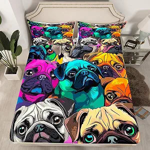 Erosebridal Pug Fitted Sheet Lovely Pug Dog Bedding Set Colorful Pugs Bed Cover for Kids Boys Girls Cartoon Pet Animals Bedclothes with 2 Pillow Cases Full Size Soft Breathable Child Room Decor