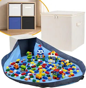 SAM AND MABEL Toy Storage Organizer with Attached Play Mat for Kids  13" x 13" x 13" Stackable and Foldable Cubby Box Nursery Organizers, Storage Bins with Lid for Playroom (Cream Bamboo)