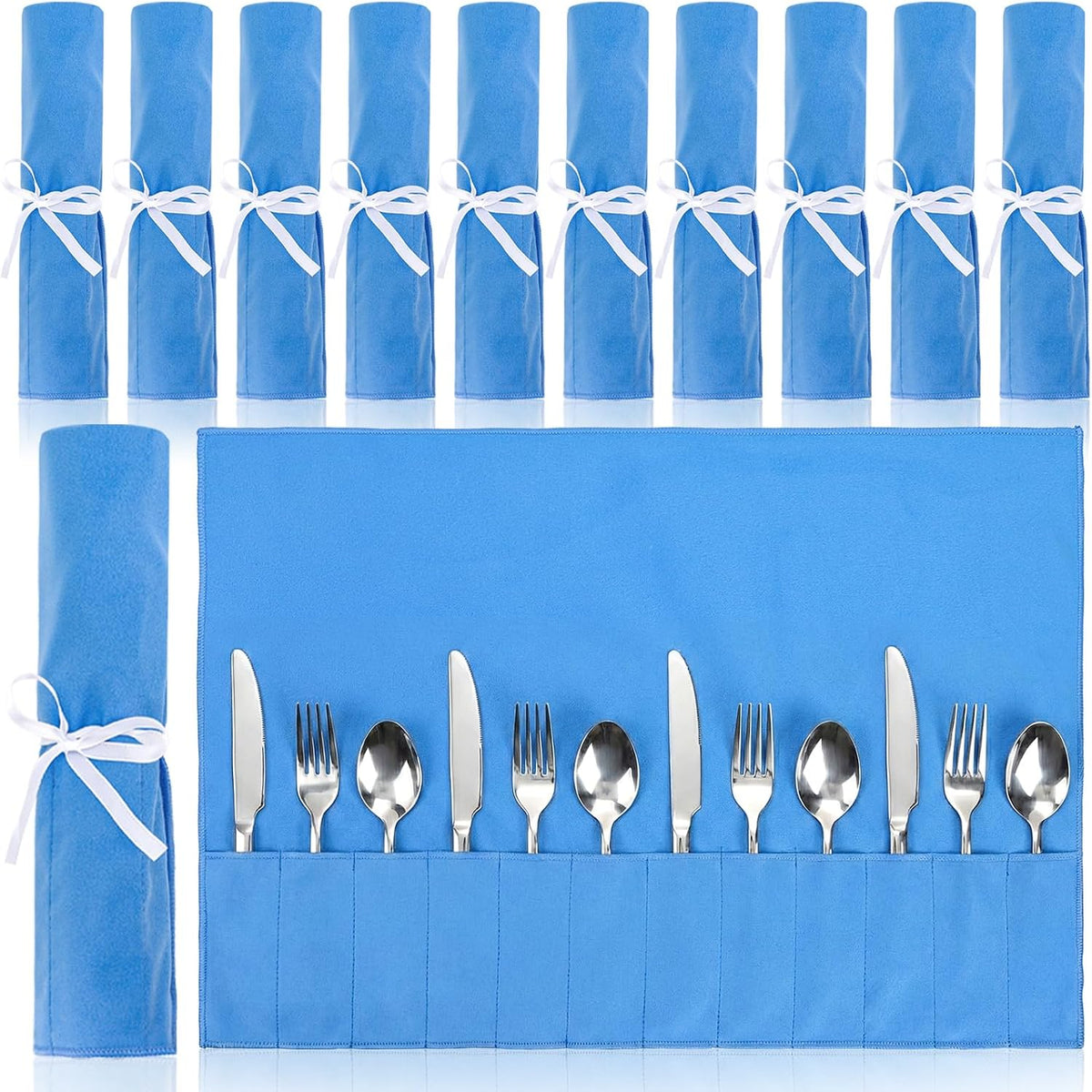 Tebery 12 Pcs Anti Tarnish Silver Storage Bags, 12 Slot Silverware Protector Cloth Roll with White Ribbon, Cutlery Flatware Place Setting Roll Organizer for Kitchen Utensil Teaspoon